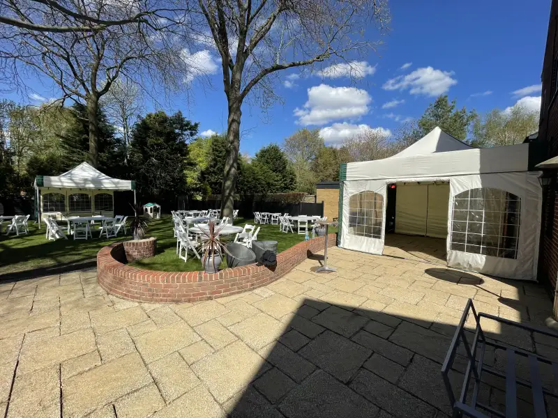 2 off 4&period;5m x 4&period;5m Mini Marquee Gazebos&comma; 10 5ft Round tables&comma; 70 white wooden folding chairs&comma; carpet flooring&comma; inferred heaters&comma; festoon lights&comma; hard surface anchorage kit: Swipe To View More Images