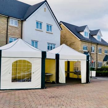 2 off Hexagonal 6m x 6m Premium Gazebos complete with hard surface anchorage kit - Street Party: Click Here To View Larger Image