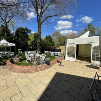 2 off 4&period;5m x 4&period;5m Mini Marquee Gazebos&comma; 10 5ft Round tables&comma; 70 white wooden folding chairs&comma; carpet flooring&comma; inferred heaters&comma; festoon lights&comma; hard surface anchorage kit: Click Here To View Larger Image
